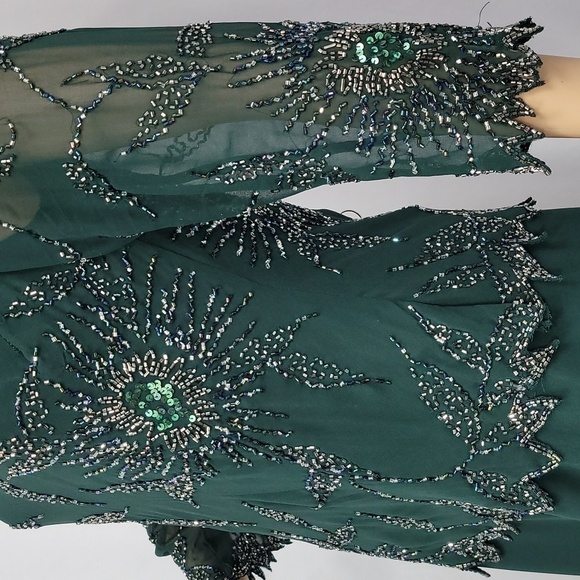 𝅺JKARA Hunter Asimetrical Green Chiffon Beaded  Embellished Gown - Picture 12 of 17